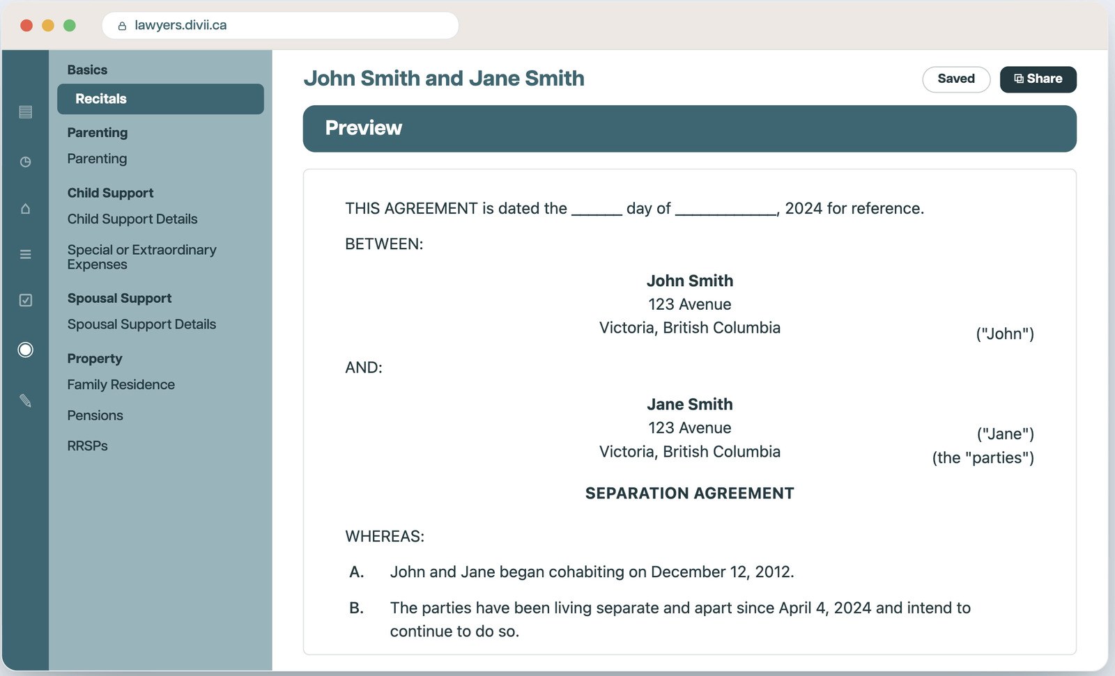 The Divii Agreement Builder previewing a separation agreement for John Smith and Jane Smith