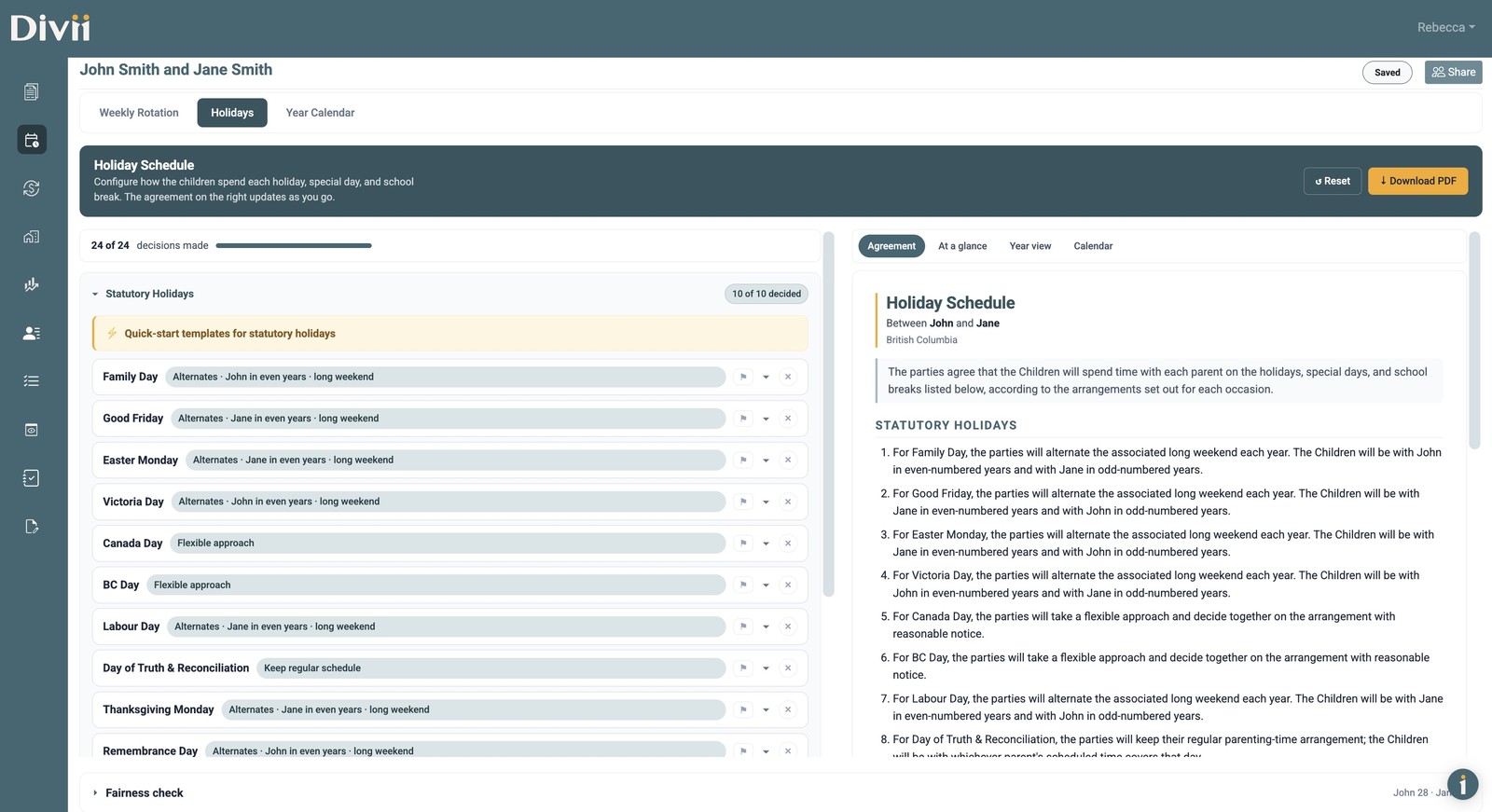Divii Holiday Scheduler: holiday decisions on the left, agreement clauses drafting on the right