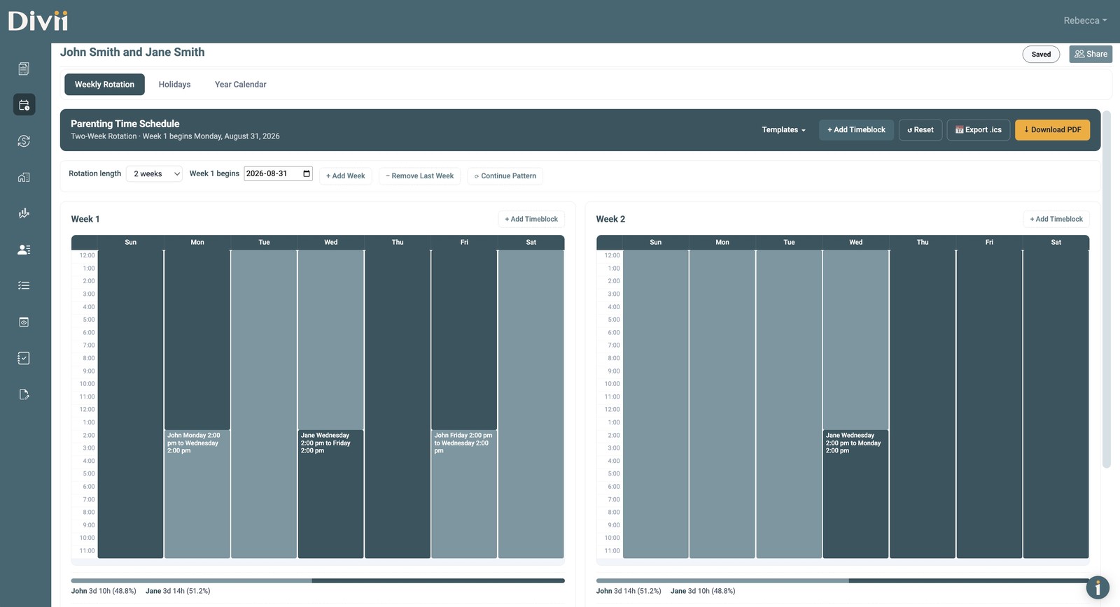 Divii Parenting Time Planner: a two-week rotation with timeblock handoffs and live share totals