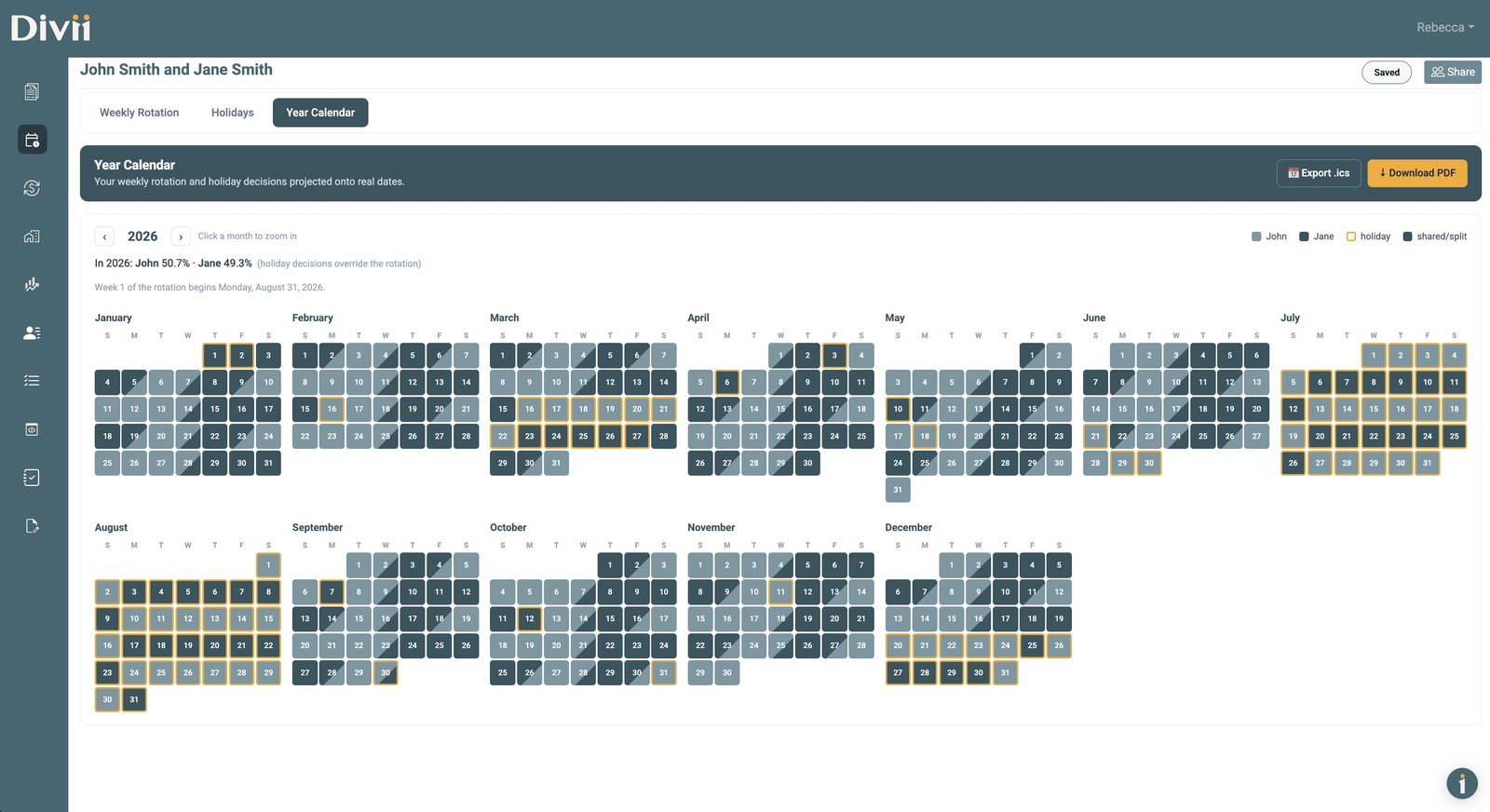 Divii Year Calendar: the rotation and holiday decisions projected onto a full calendar year